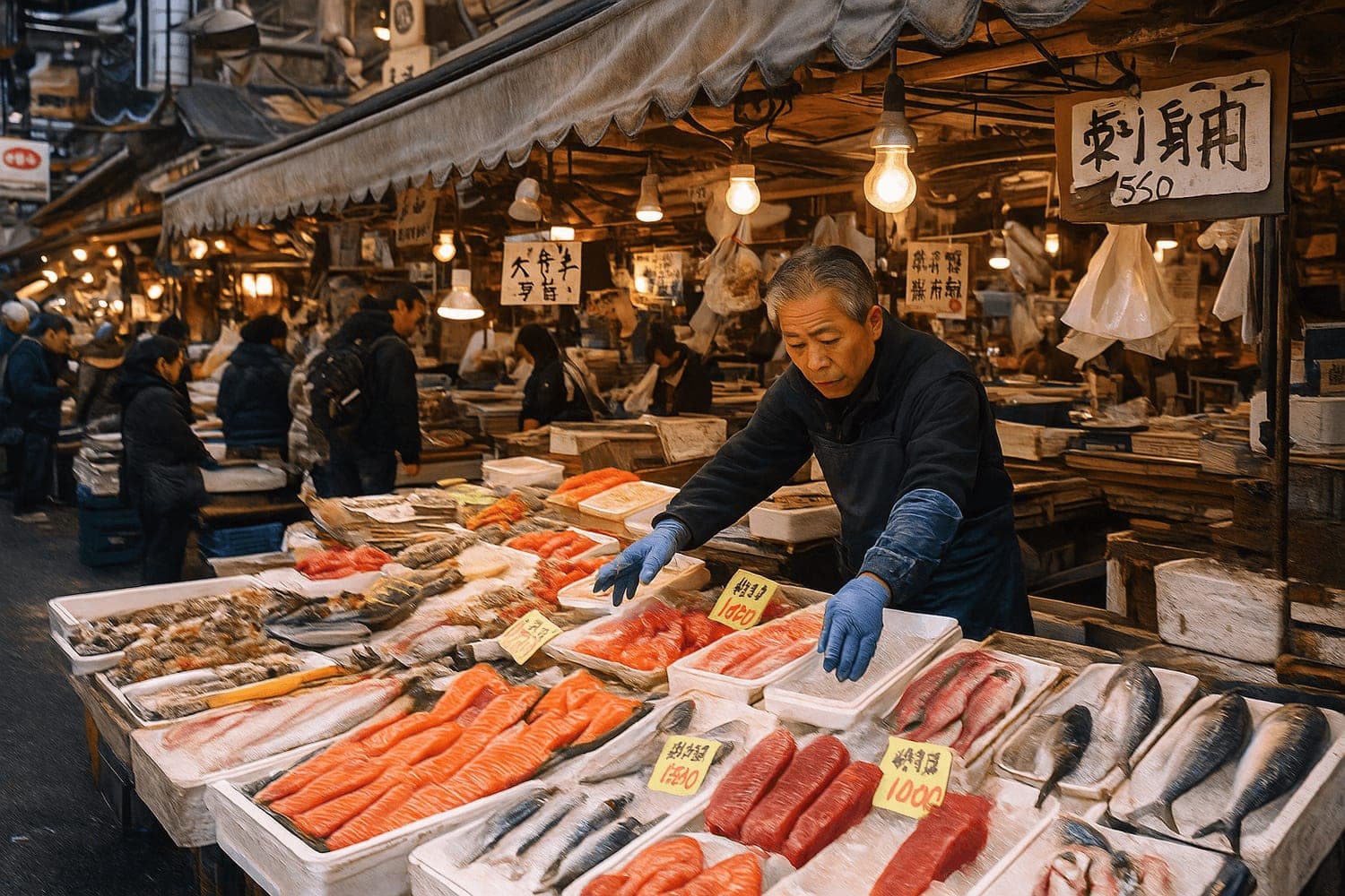 Étal de poissons frais sur un marché japonais